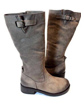 MIZ MOOZ NUBUCK LEATHER KNEE HIGH BOOTS SIDE ZIP 37EU TAUPE / 7US NEW # B-12